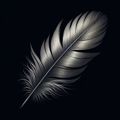 Single white feather on black background