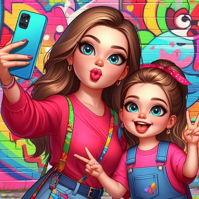 Sisters taking a selfie in front of graffiti