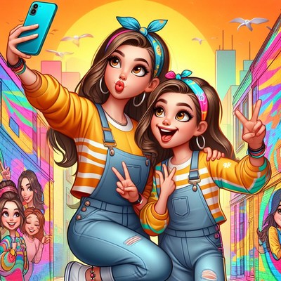 Two girls taking selfie in city