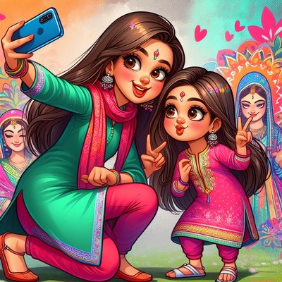 Mother and daughter selfie in traditional dress