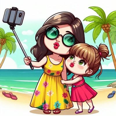 Mother and daughter selfie on beach