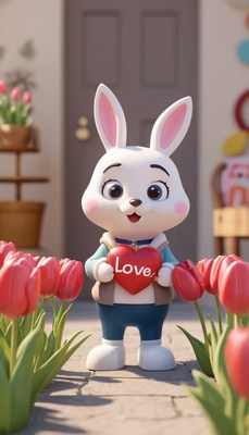 Bunny holding heart near tulips
