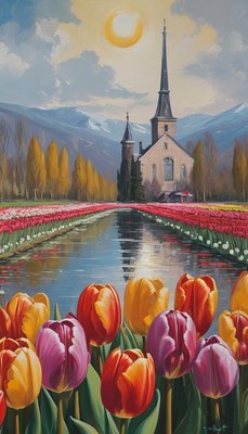 Church and tulips in spring