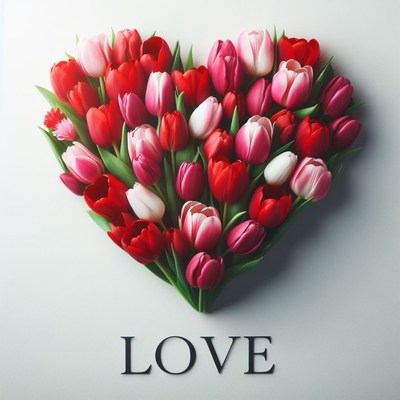 Red and pink tulips in heart shape