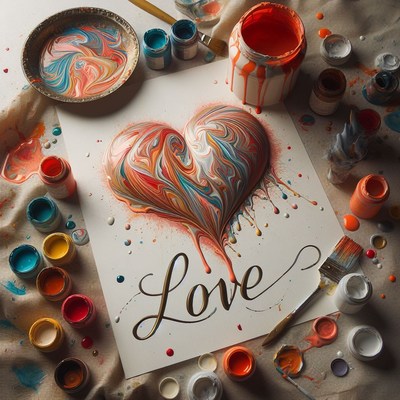 Painted heart artwork with love inscription