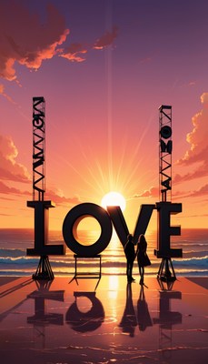 Couple standing before love sculpture at sunset