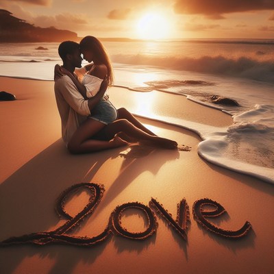 Couple embraces on beach at sunset