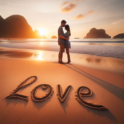 Couple embracing on beach at sunset