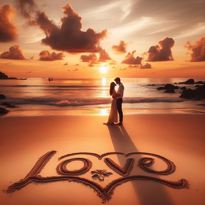 Couple embracing at sunset beach