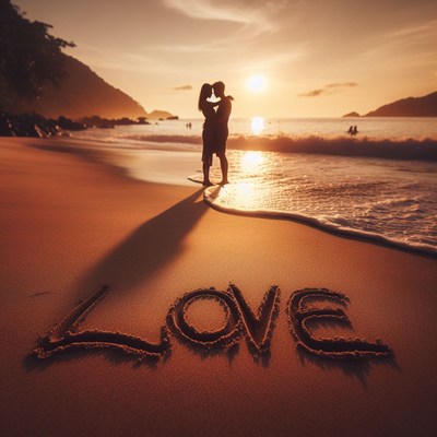 Couple embracing on beach at sunset