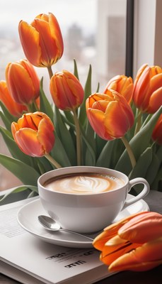 Morning coffee with tulips