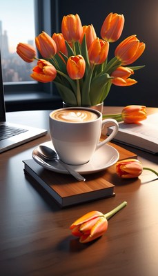 Coffee and tulips on a desk