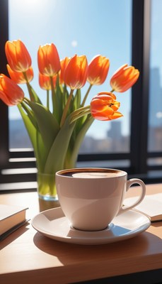 Coffee and tulips by the window
