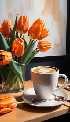 Orange tulips and coffee
