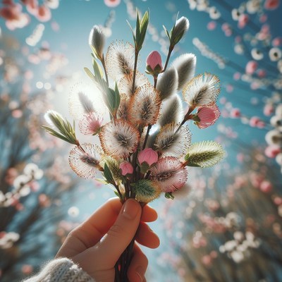 Hand holding pussy willow blooms
