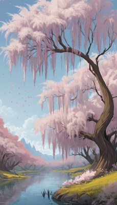 Weeping willow tree by river in spring