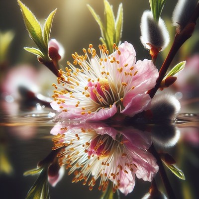 Pink blossom reflecting in water