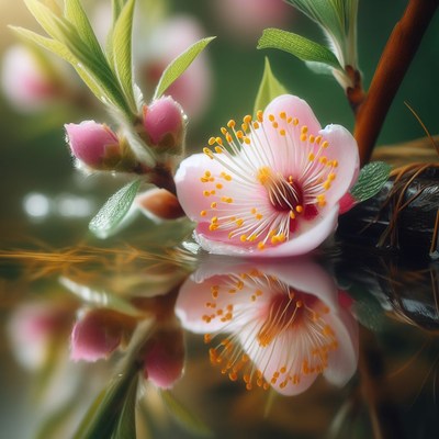 Pink flower reflecting in water
