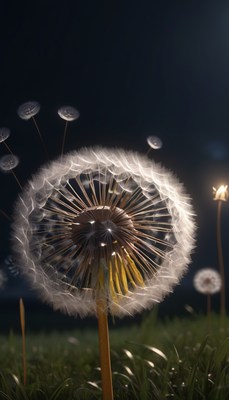 Dandelion seeds blowing in the wind at night