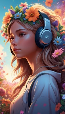 Woman listening to music in a flower field