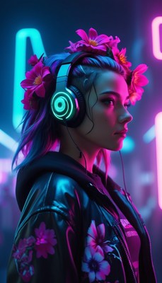 Woman listening to music in neon lights