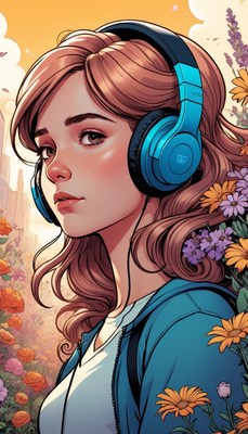 Woman listening to music in a garden