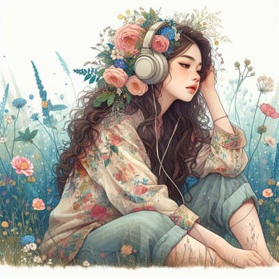 Woman listening to music in a flower field