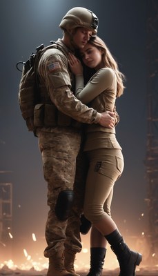 Soldier and woman embrace