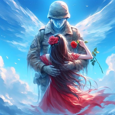 Soldier and woman embrace in sky