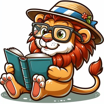 Lion wearing glasses reading book