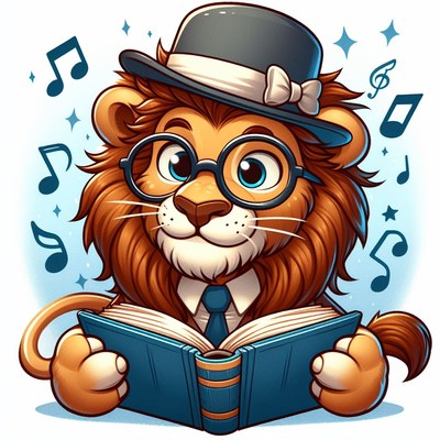 Lion reading a book with music notes