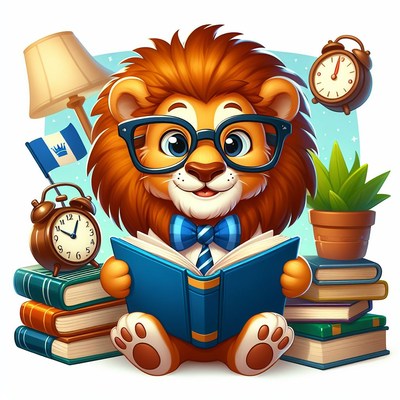 Lion reading book in study