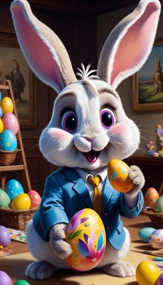 Easter bunny holding decorated eggs