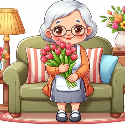 Elderly woman holding tulips on sofa