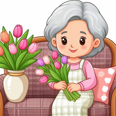 Elderly woman holding tulips on sofa