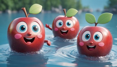 Smiling apples floating in water