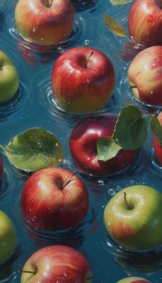 Red and green apples floating in water