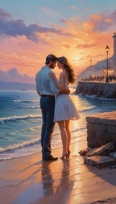 Couple embracing at sunset beach