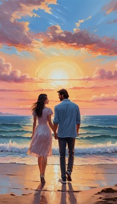 Couple walking on beach at sunset