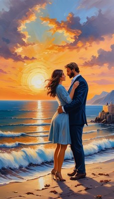 Couple embracing at sunset on the beach