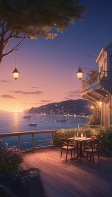 Evening sunset over coastal town