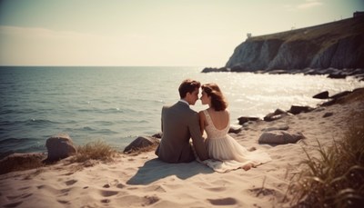 Couple sitting on beach, looking at each other