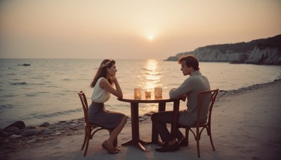 Couple dining on beach at sunset