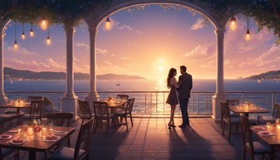 Couple dining at sunset overlooking sea