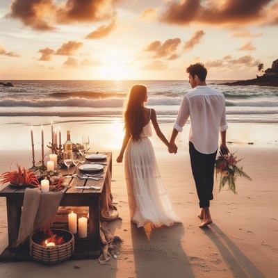 Couple walking on beach at sunset