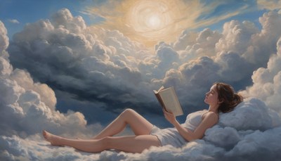Woman reading on clouds