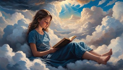 Woman reading on clouds