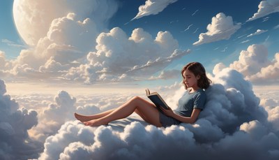 Woman reading on clouds