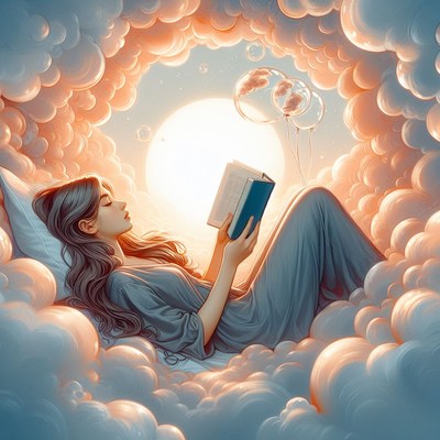 Woman reading in cloud bed