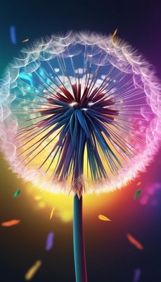 Colorful dandelion seeds dispersing